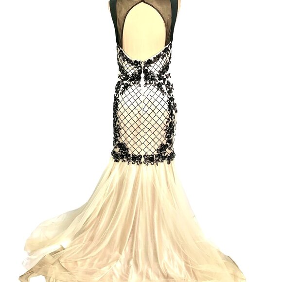 Jolene Mermaid Chiffon Beaded Rhinestone Prom Gown Black Ivory Pageant Size M - Picture 7 of 12